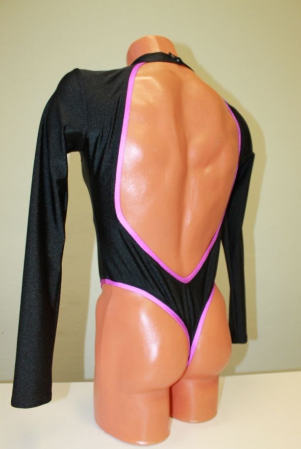 Men Thong Leotard 159-05 Long Sleeve High Collar Open Back Black Spandex Size S