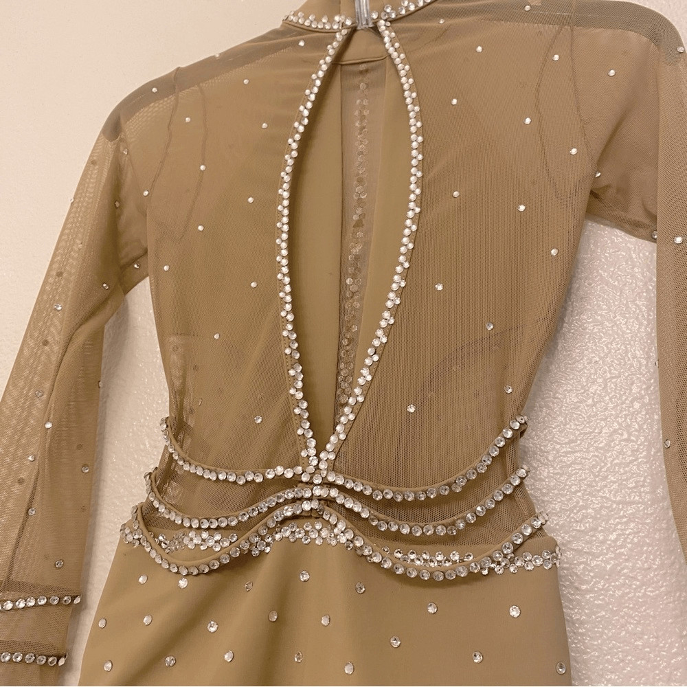 LA dance solo custom tan nude beige long leotard costume mesh rhinestones LC