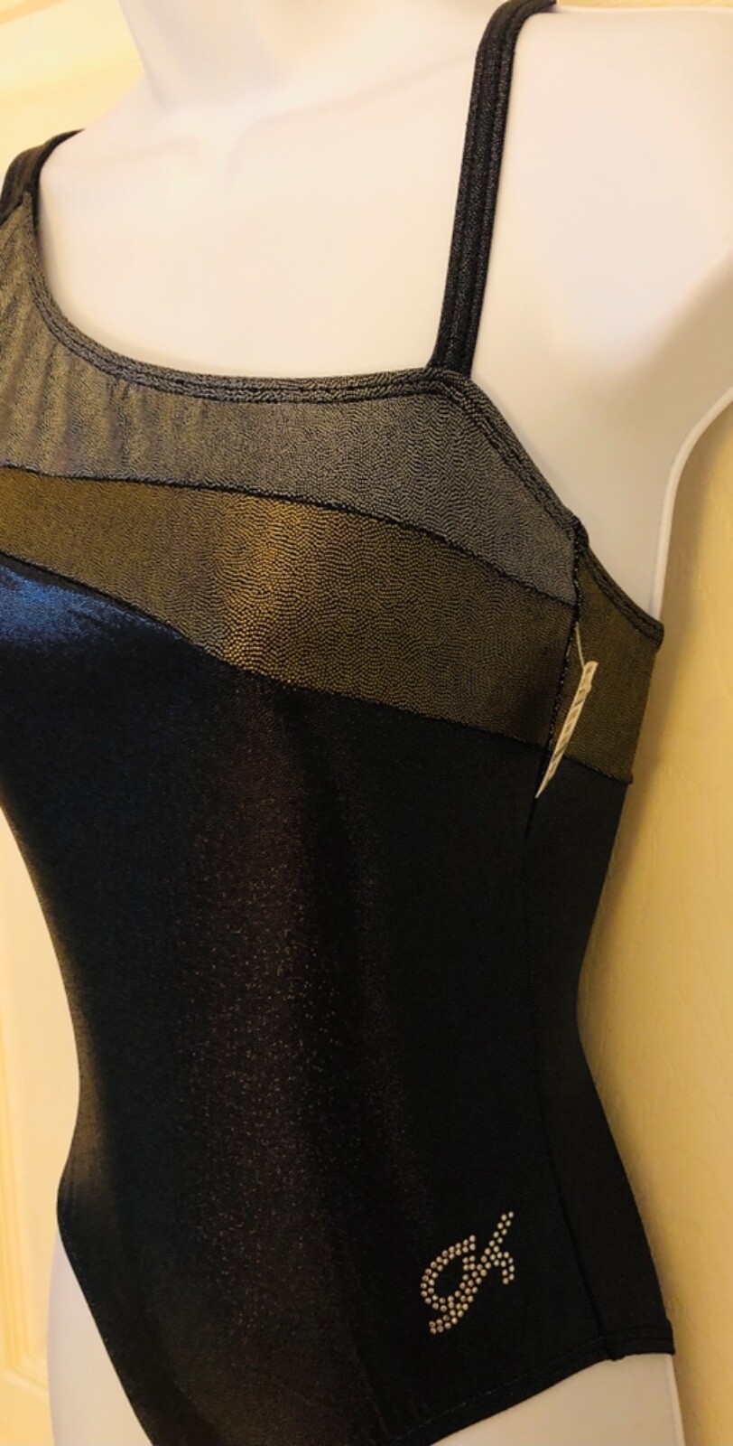 GK DANCE LADIES SMALL ASYM BLACK SPARKLE GOLD SILVER FOIL JAZZ LEOTARD Sz AS