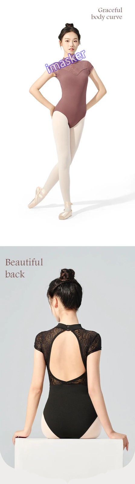 Women Ballet Adult Lace Splice Gymnastic Leotard Short Sleeve Dance Leotards