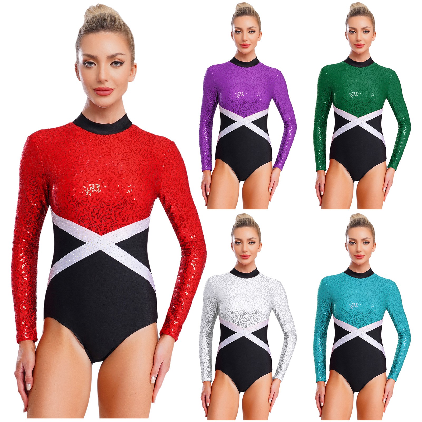 Womens Bodysuit Mock Neck Leotard Ballet Jumpsuit Costume Gymnastic Uniform