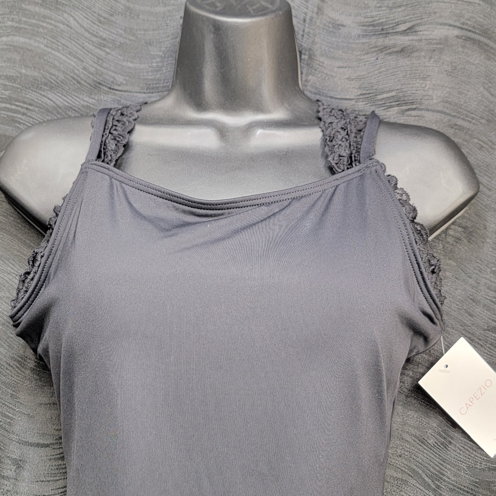 Capezio Black Lace Camisole Leotard High Neck Lace Trim Low Scoop Back Lace SZ L
