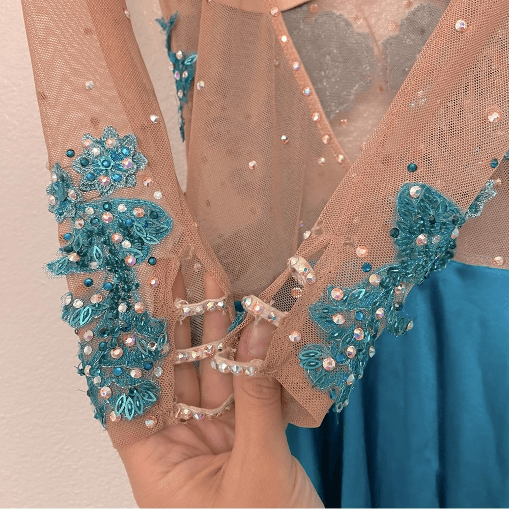 Custom solo dance costume leotard dress lyrical teal rhinestone embellished XSA