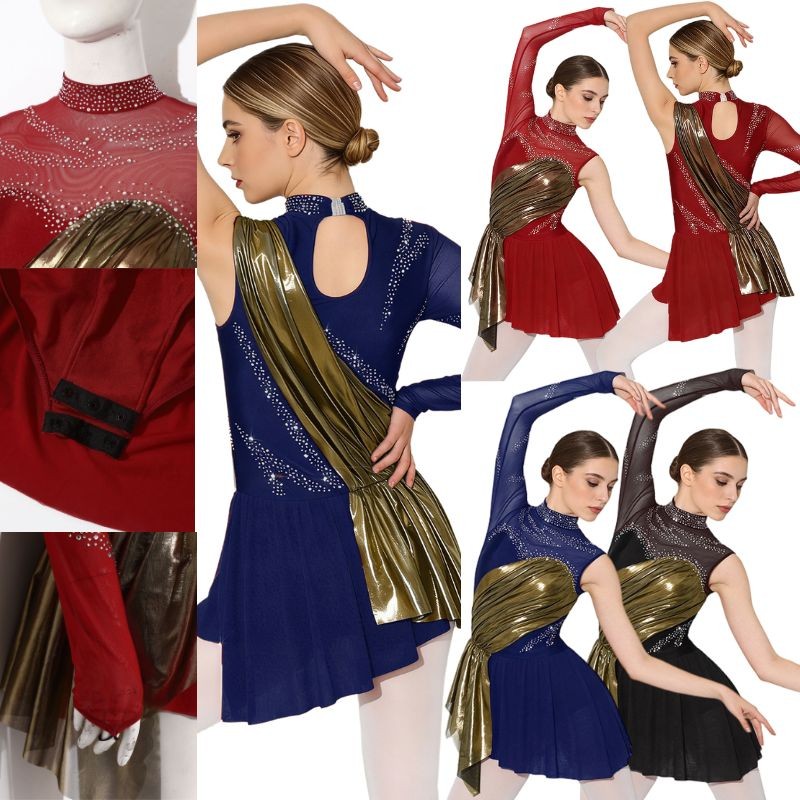 Women Dancewear Metallic Ruched Leotard Patchwork Dress Figure Skating Costume