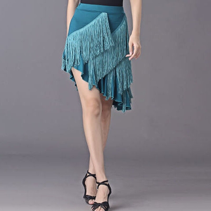 Women Latin Tango Dance Skirt Cha-cha Ballroom Dancewear Asymmetric Tassel