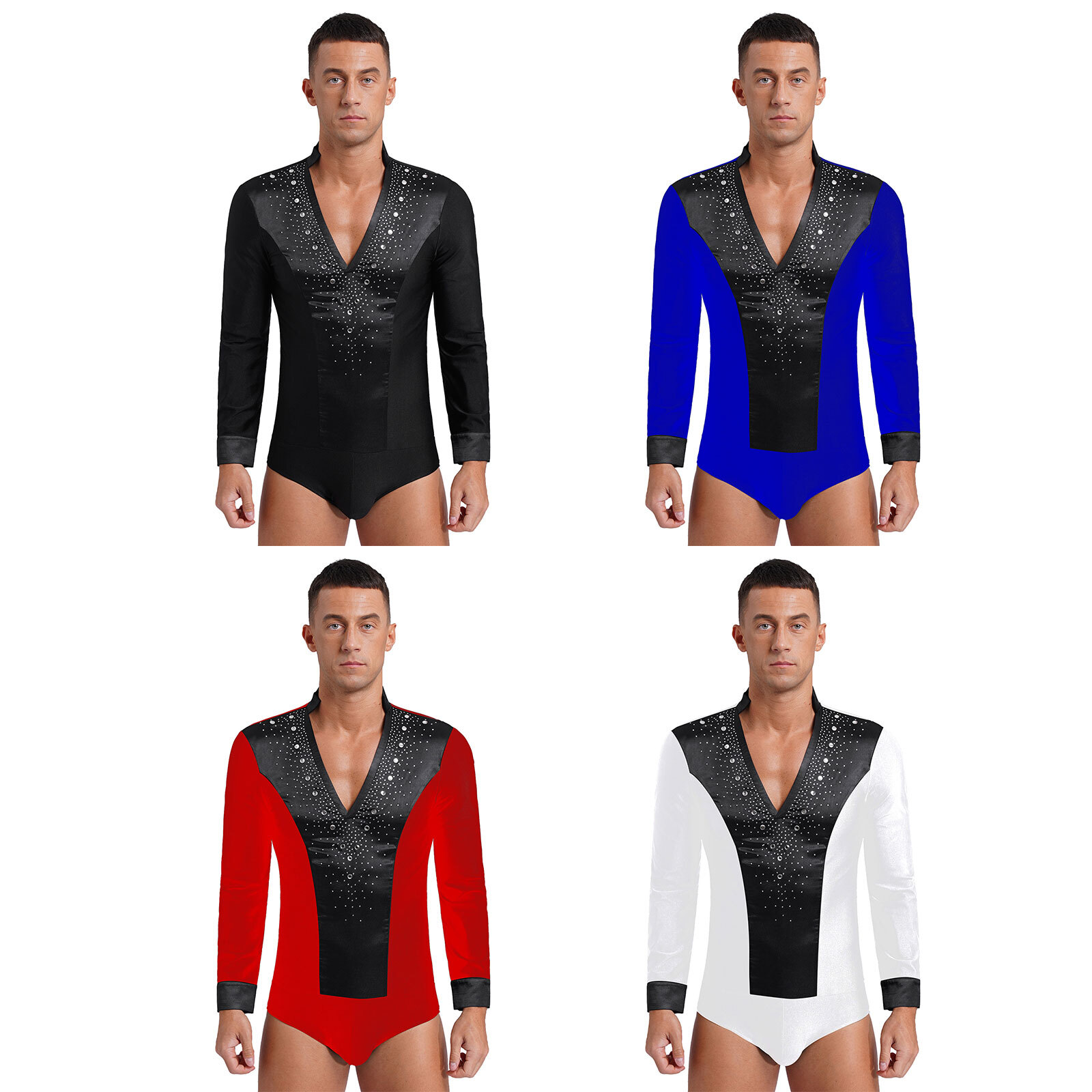 Mens Bodysuit Latin Dance Leotard Cha-Cha Dancewear Figure Skating Jumpsuit