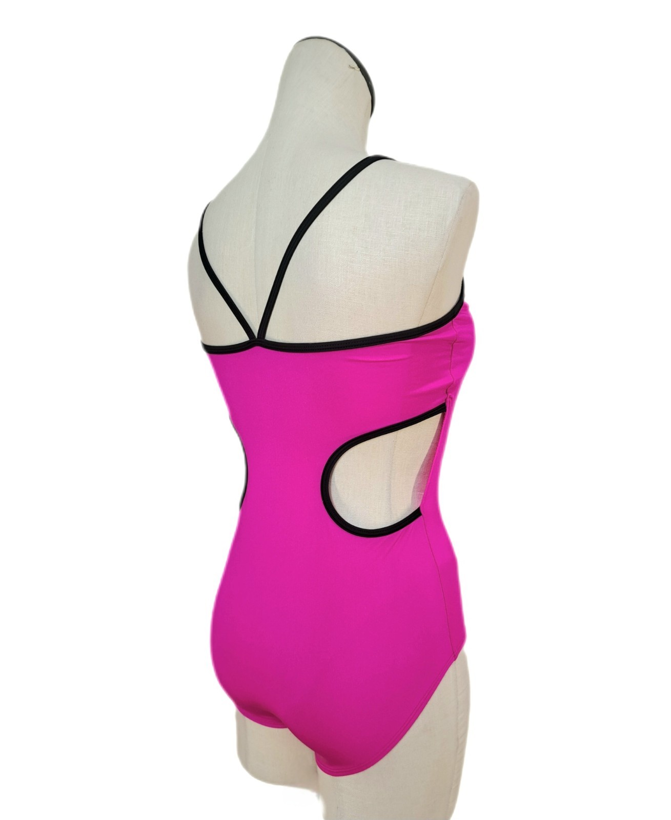 Aja VTG Hot Pink Side Cutout Keyhole Crossback Leotard Coolmax Bra Liner Size AM