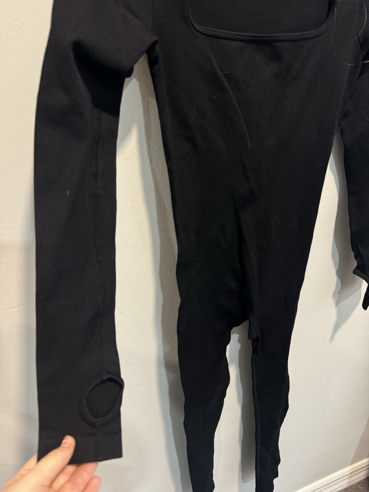 Women’s Black Ribbed Long Sleeve Full-Length Unitard Solid Polyamide Blend