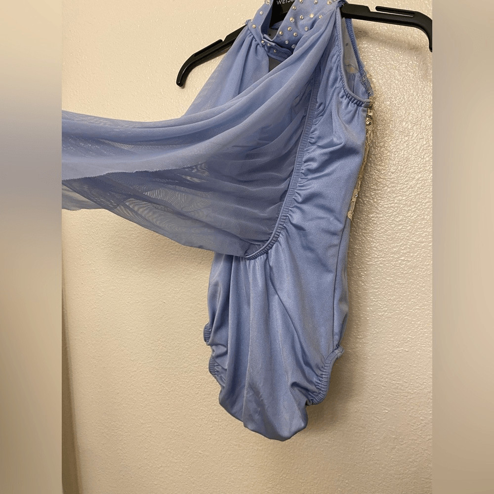 Kelle dance solo costume light powder blue gold leotard drape back LC child