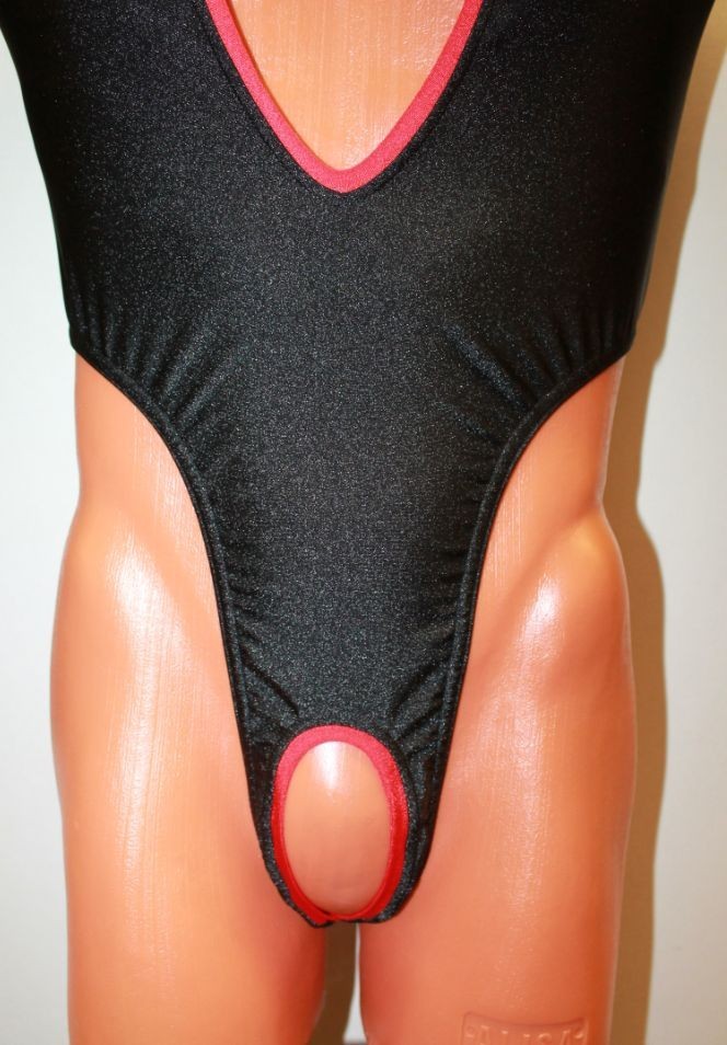 Men Thong Leotard 159-57 High Collar Open Front Hole Crotch Black Spandex Size L