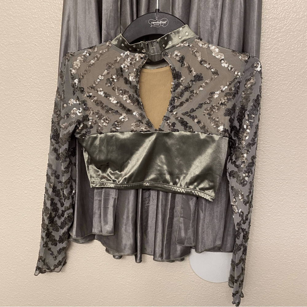 Glamour solo dance costume custom silver gray 2 piece maxi skirt crop top XLC