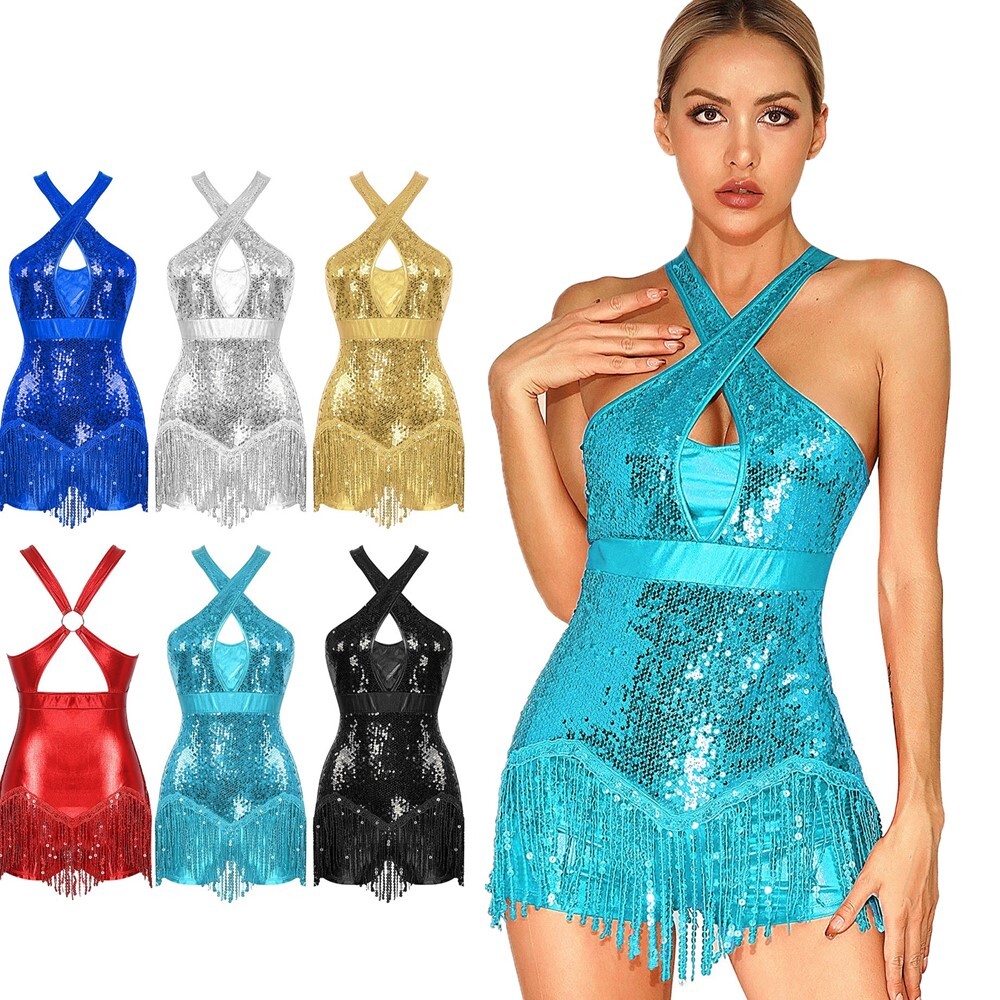 Women Latin Salsa Jazz Dance Dress Sequins Tassel Halter Bodysuit Leotards