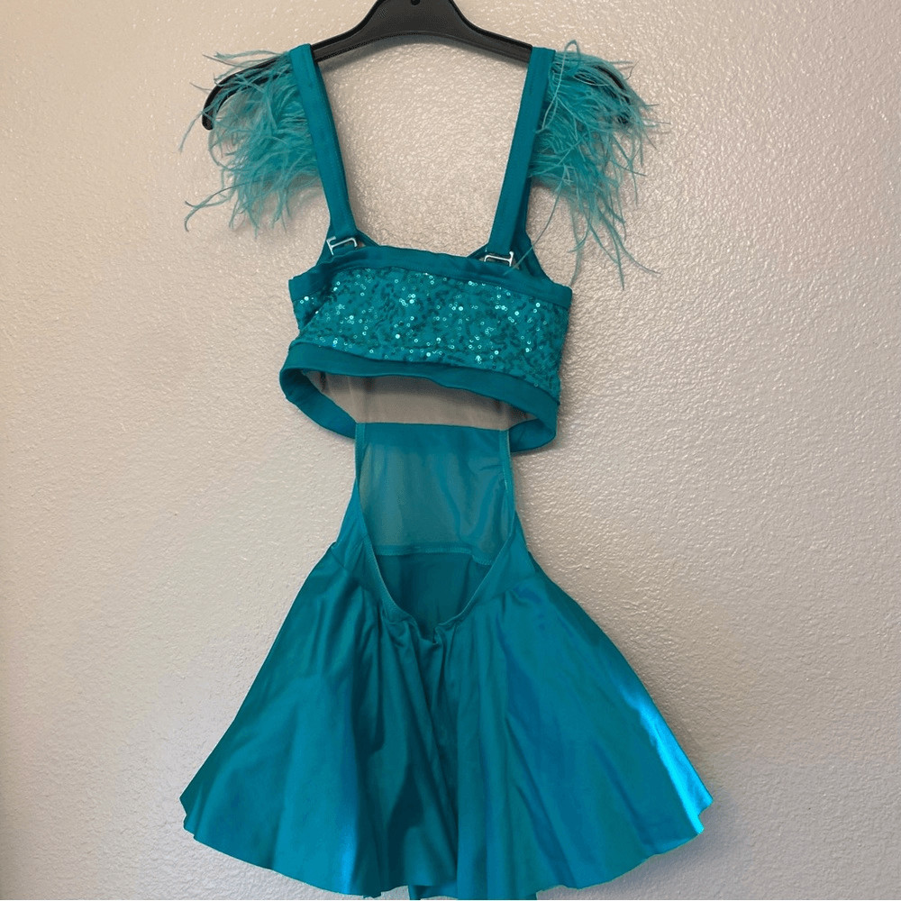 WEISSMAN Dance Costume sassy aqua blue feather Move D12545 XSA-extra small adult