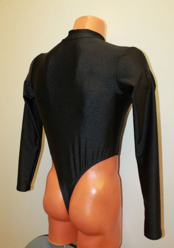 Men Thong Leotard 159-57 High Collar Open Front Hole Crotch Black Spandex Size L