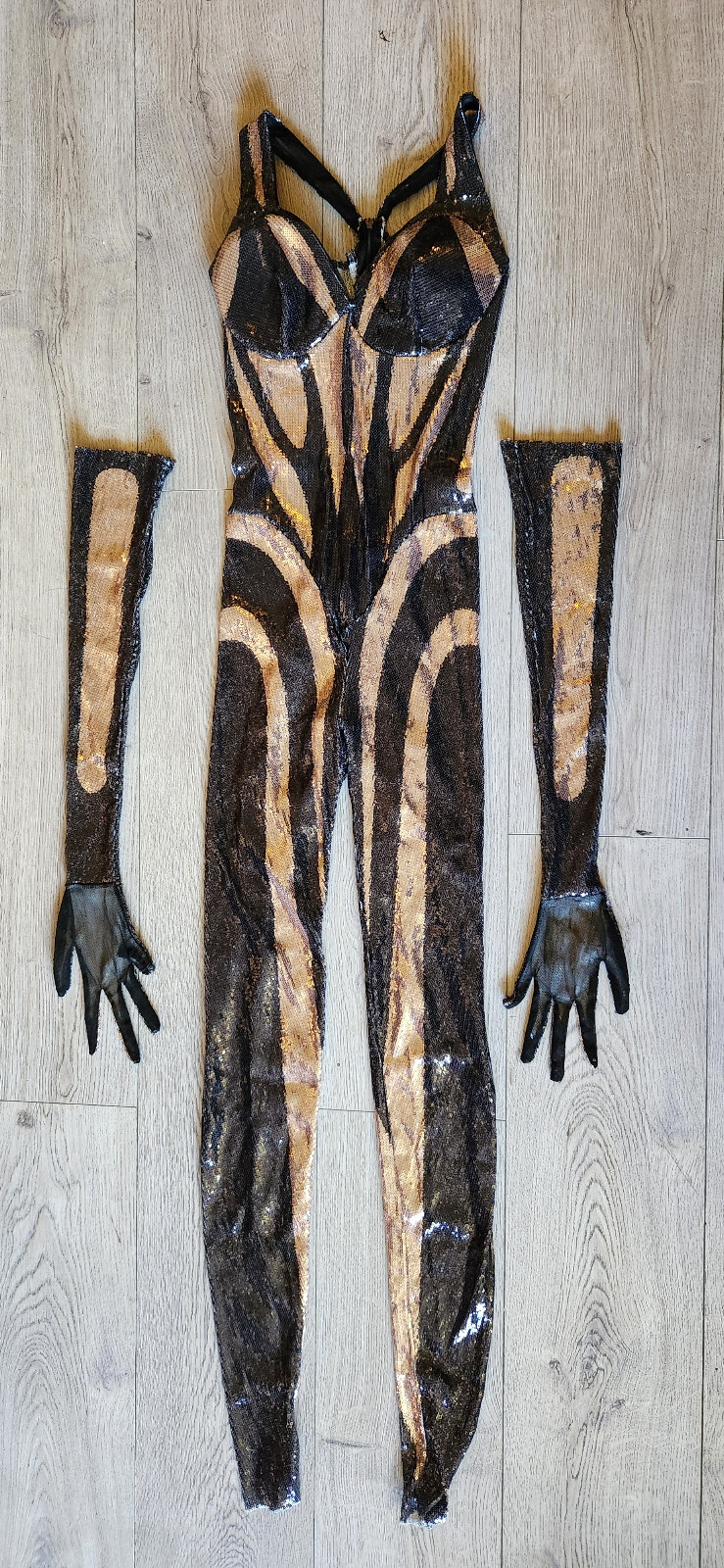 Black and Gold Sequin Bodysuit and Gloves Size Small – 2/4