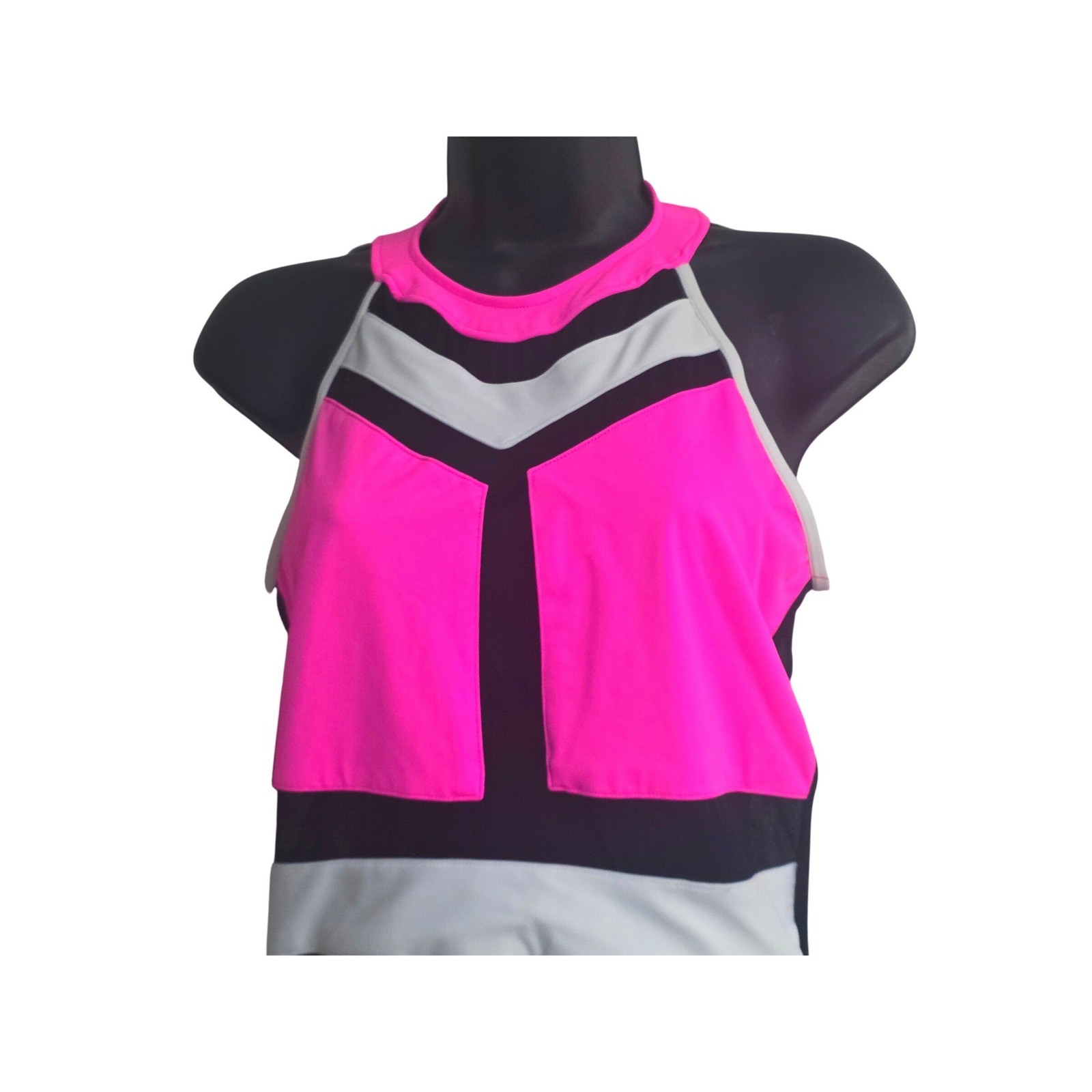 Kandi Kouture Neon Pink Black White Colorblock Dance Leotard AL High Neck Mesh