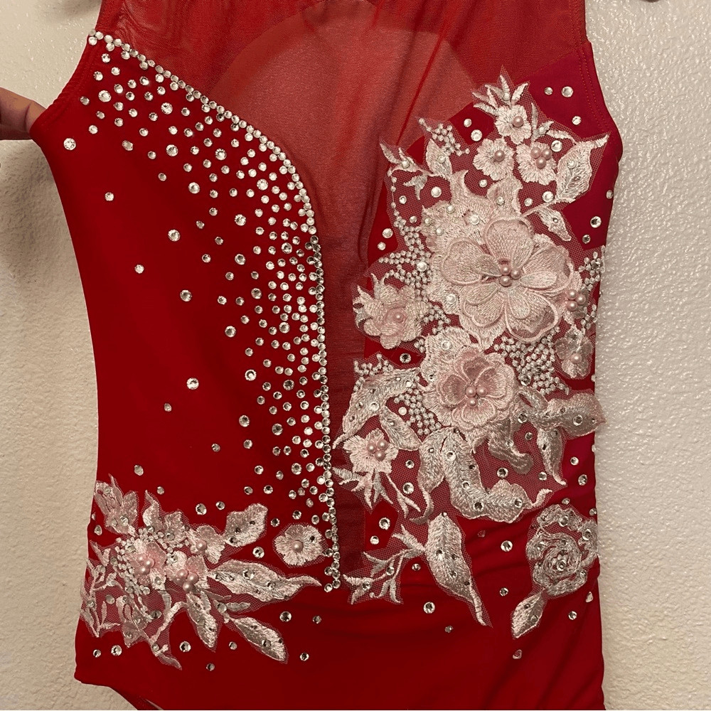Ilogear Glamorous red custom solo dance costume leotard rhinestone mesh MA adult