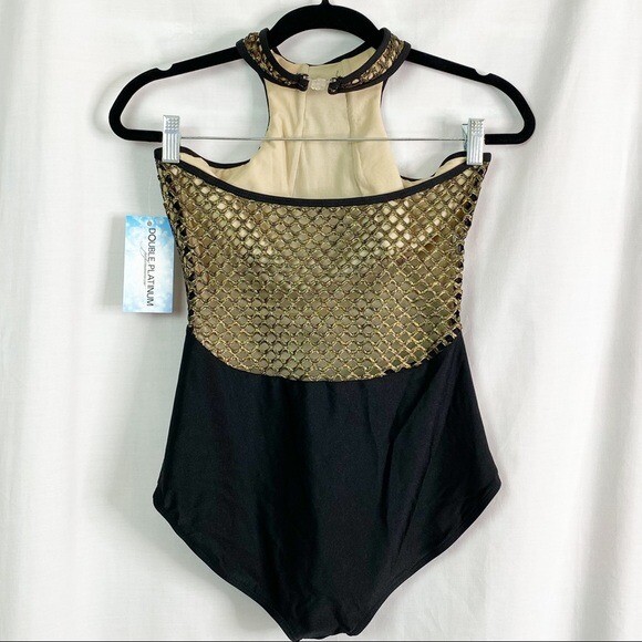 Double Platinum Black Leotard Gold Metallic Mesh Mock Neck Tank Lg NEW NWT