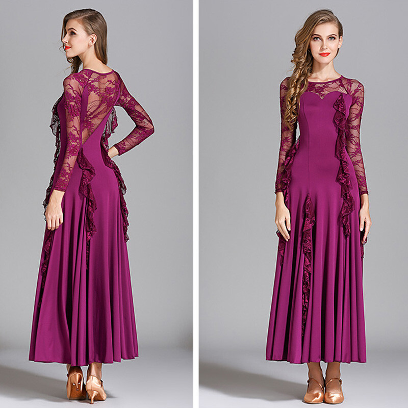 Women Long Sleeve Swing Dance Dress Modern Waltz Professional Ballroom Dancewear