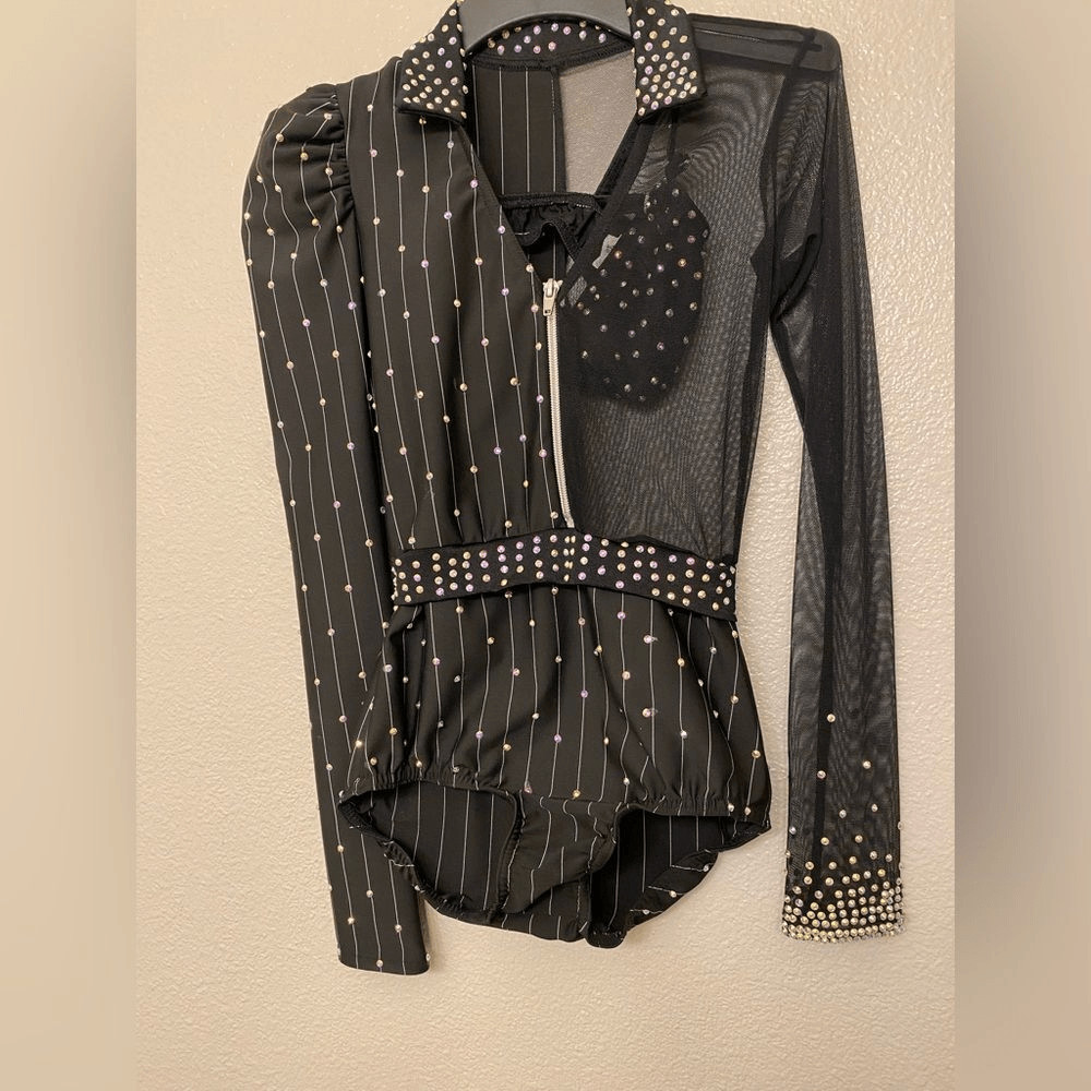 Kelle solo dance costume 2 piece black pin stripe jazz bling 5333 stoned LC