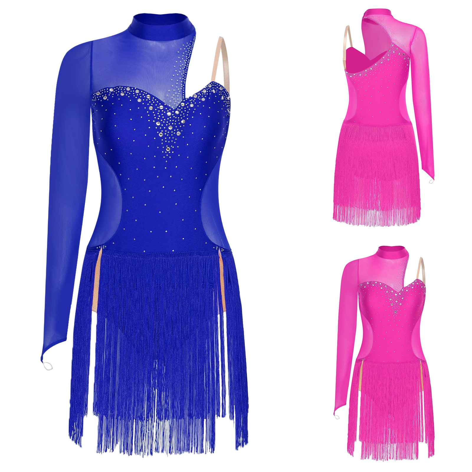 Women’s Ballroom Dance Dress Single Sleeve Asymmetrical Fringed Dress Dancewear