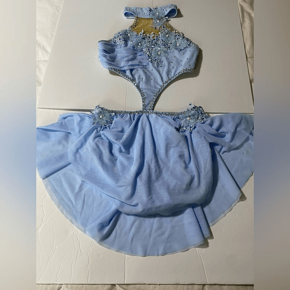 Competition lyrical Custom solo Dance Costume blue illusion Mesh Dress SA adult