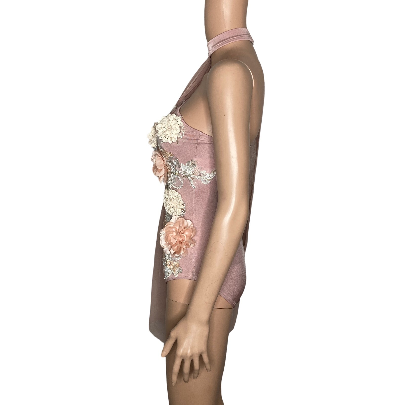 Meekelle Couture Collections Leotard Small Adult Pink White Floral Applique