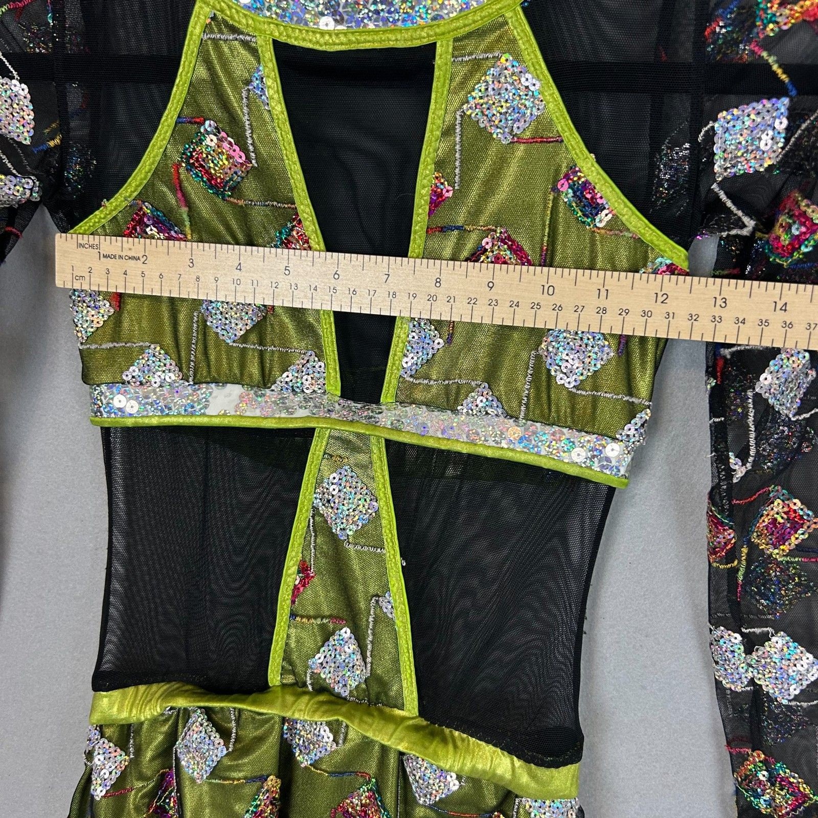 Mara Dancewear Medium Green Sequin Mesh Long Sleeve Alternative Leotard Shorts