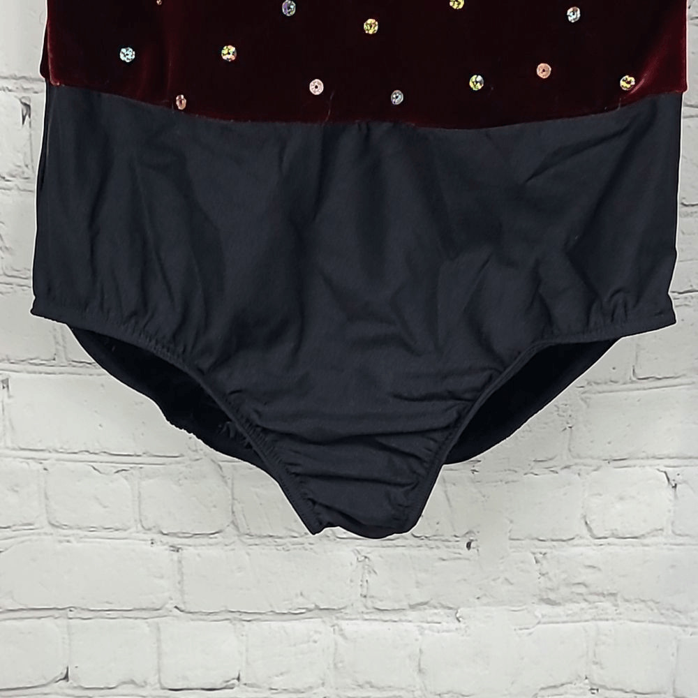 Adult Maroon Velvet Sequin Dance Costume Sleeveless Mesh Keyhole Cutout Leotard
