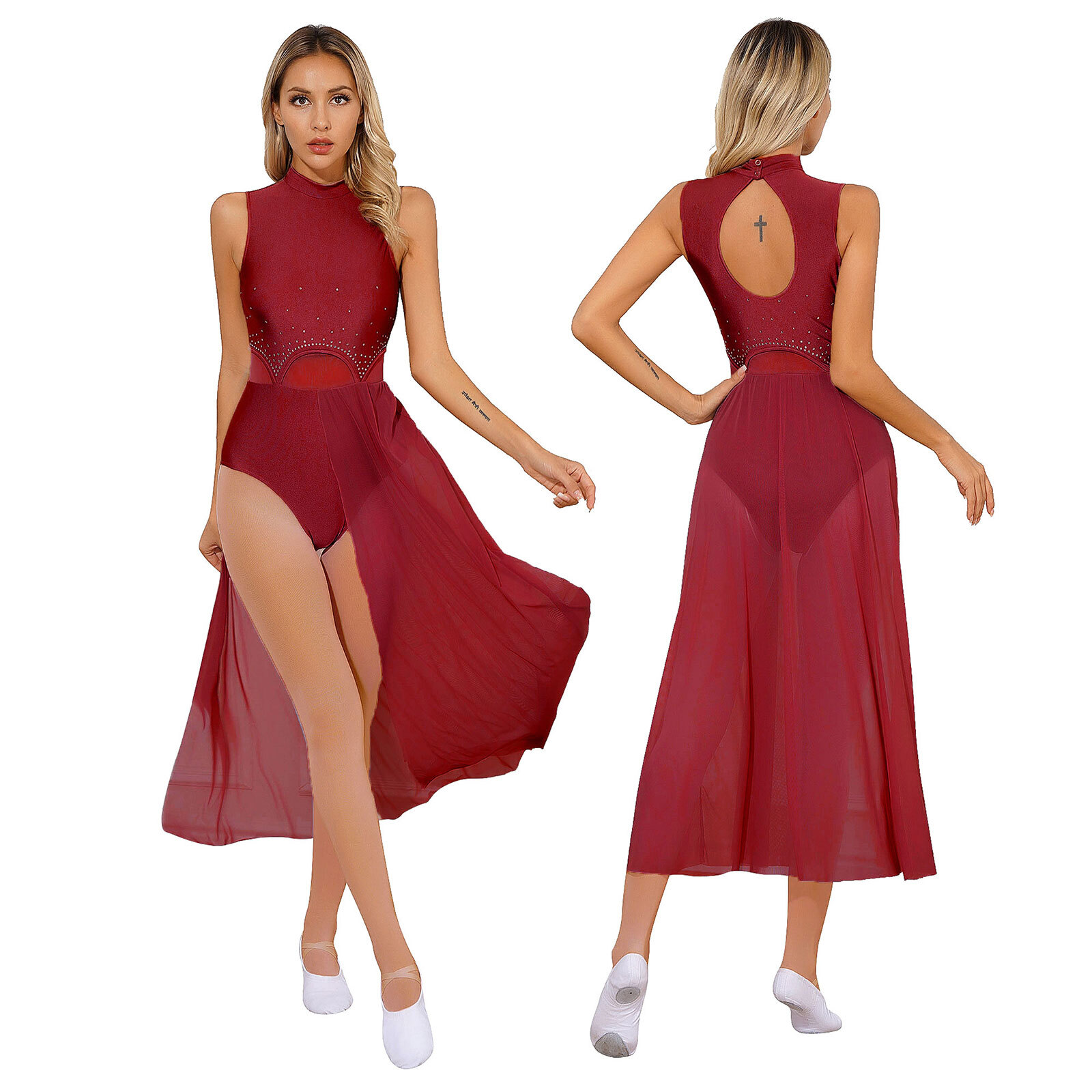 Womens Leotard Ballet Dress Split Rhinestone Figure Skating Dancewear Party