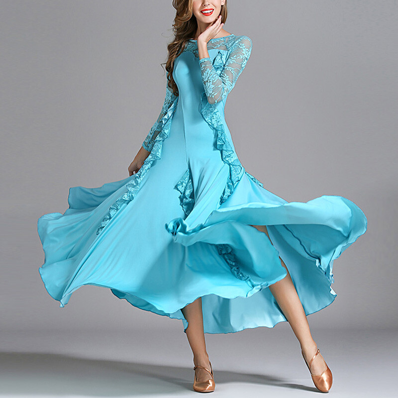 Women Long Sleeve Swing Dance Dress Modern Waltz Professional Ballroom Dancewear