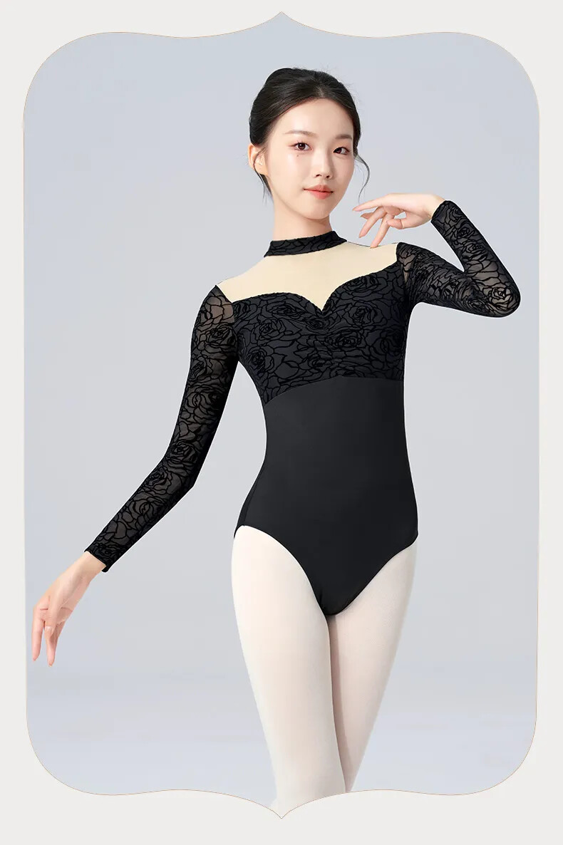 Ballet for Women Adult Black Lace Gymnastics Aerialist Long Sleeve Dance