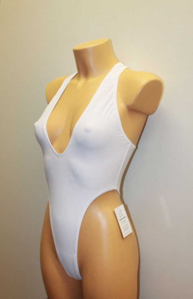 Women Thong Onepiece Leotard 202-15 Racerback Deep Neckline White Spandex Size S