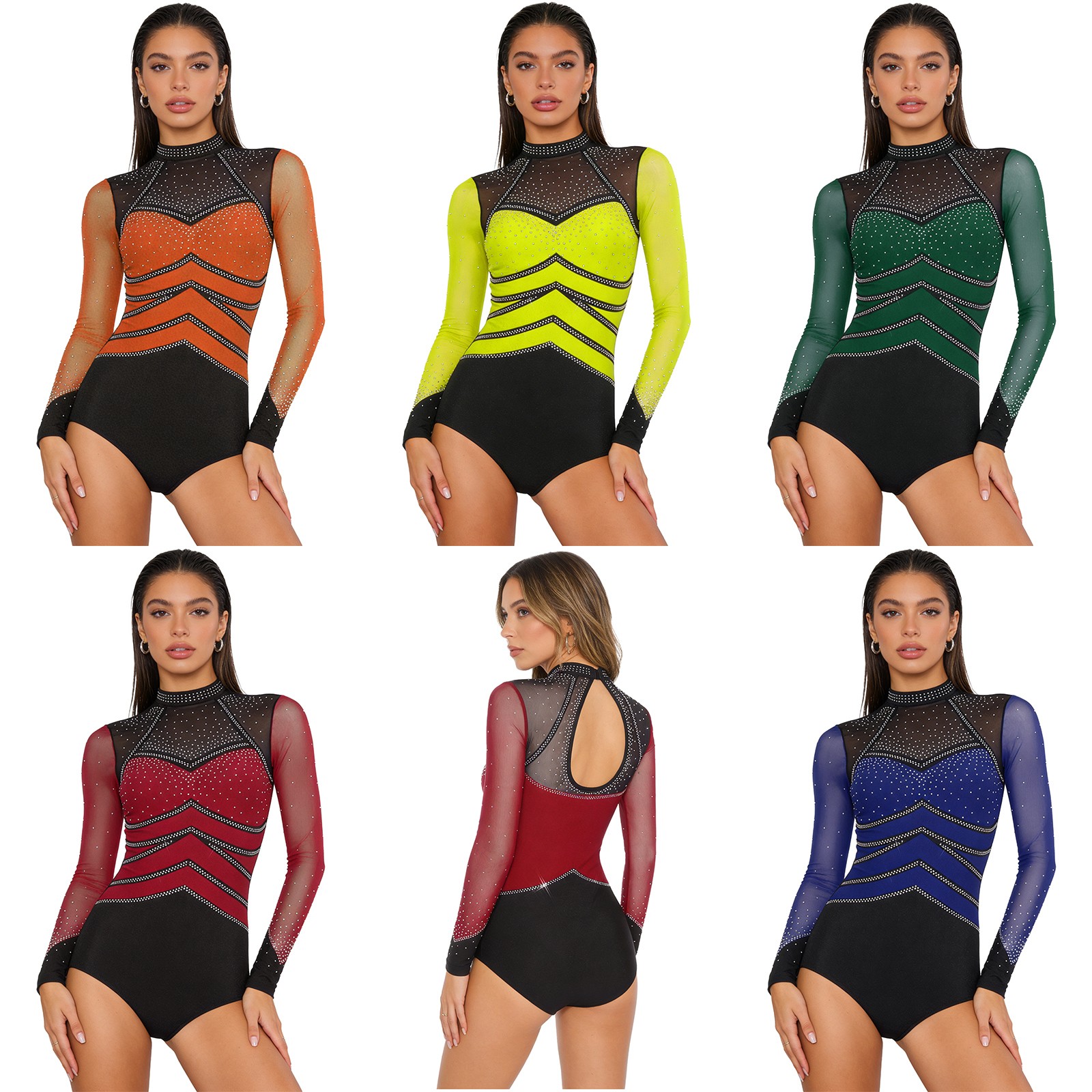 Women’s Rhinestone Ballet Dance Leotard Mesh Gymnastics Bodysuit Adult Dancewear
