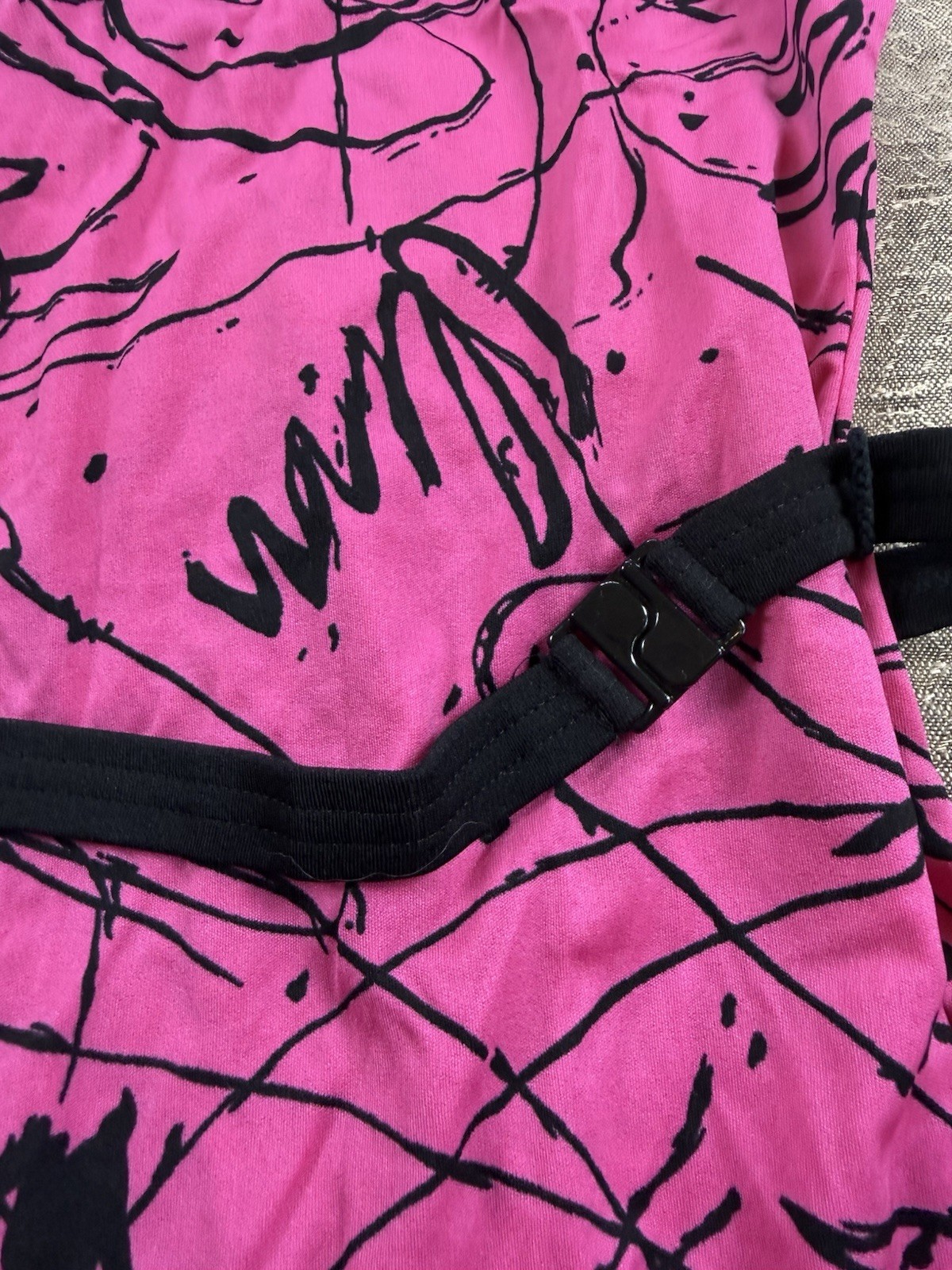 Authentic Vintage 1980s Neon Hot Pink And Black Belted Graffiti Leotard Swimsuit