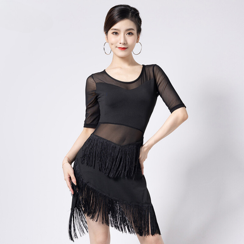 Women Tassel Dancewear Mesh Latin Dance Dress Ballroom Short Sleeve Tango