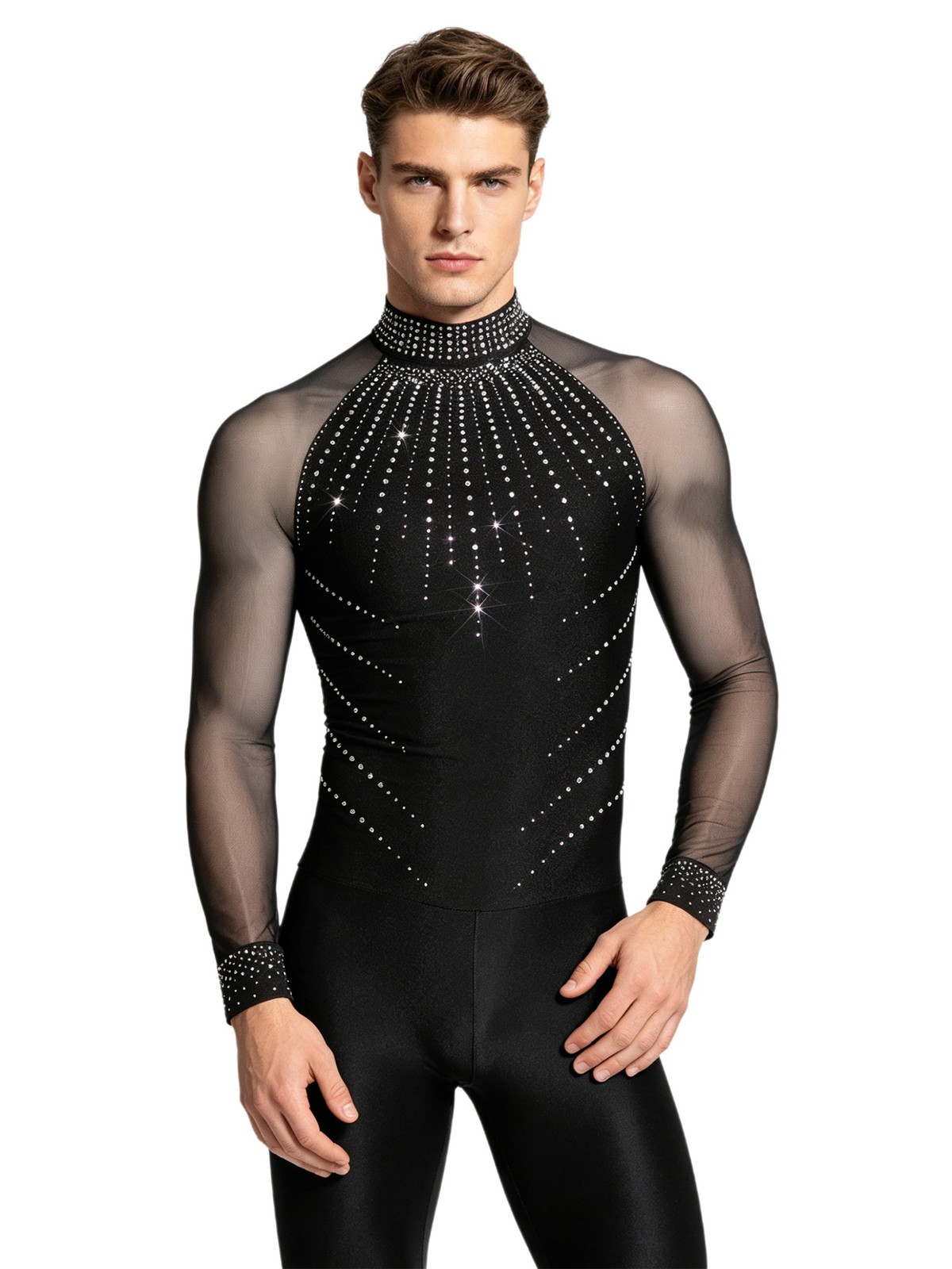 US Men Long Sleeve Latin Dance Leotard Ice Skating Shirt Rhinestones Bodysuit