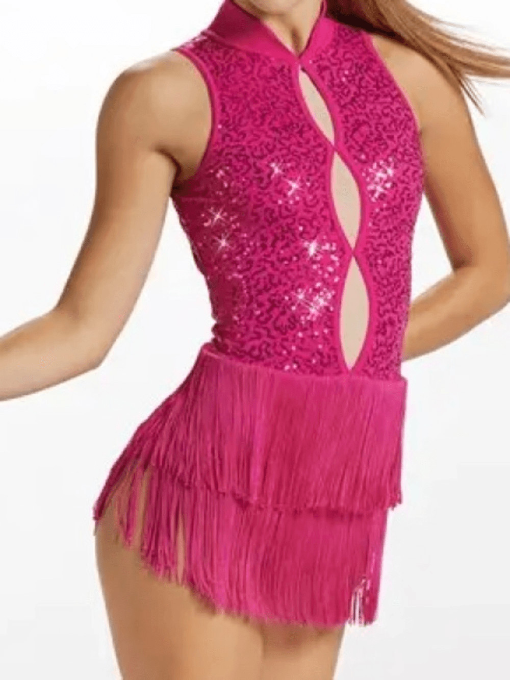 WEISSMAN Balera Dance hot pink sequin Costume KEYHOLE FRONT FRINGE D10969 MA adl