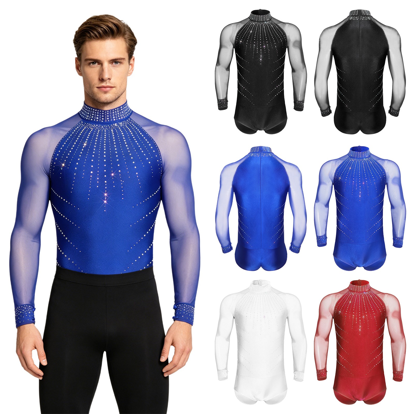 US Men Long Sleeve Latin Dance Leotard Ice Skating Shirt Rhinestones Bodysuit