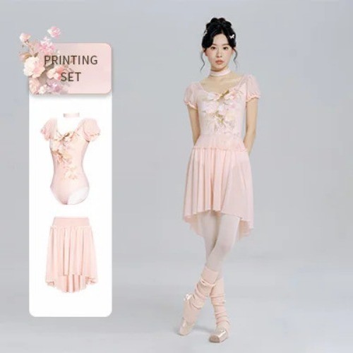Woman Ballet Leotards Printed Dance Leotard Sleeve Ballet Elegant Mesh Splice