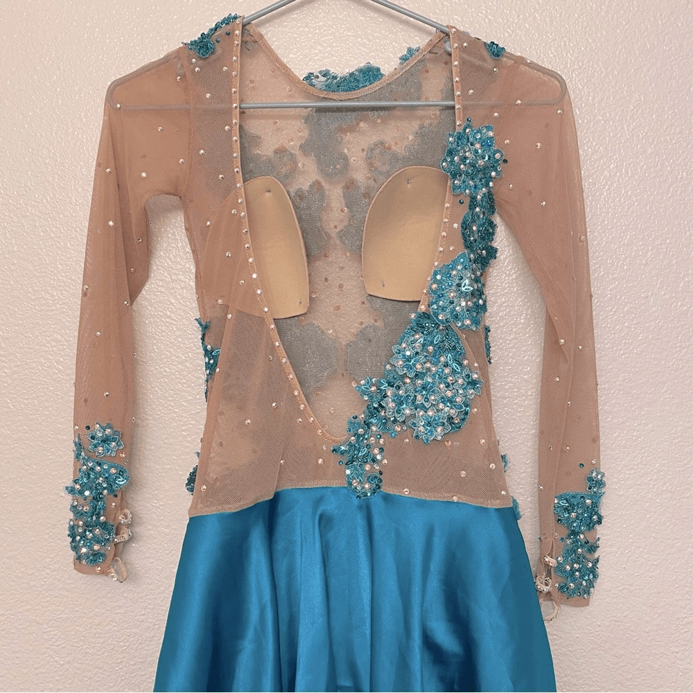 Custom solo dance costume leotard dress lyrical teal rhinestone embellished XSA