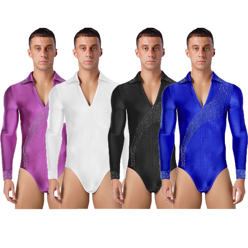 US Men Latin Dance Leotard Shiny Bodysuit Cha Cha Salsa Tango Ballroom Dancewear