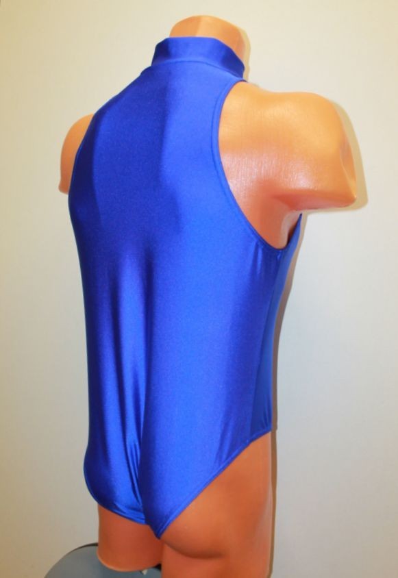 Men Thong Leotard 154-58 High Collar Hole Crotch Royal Blue Spandex Size XL