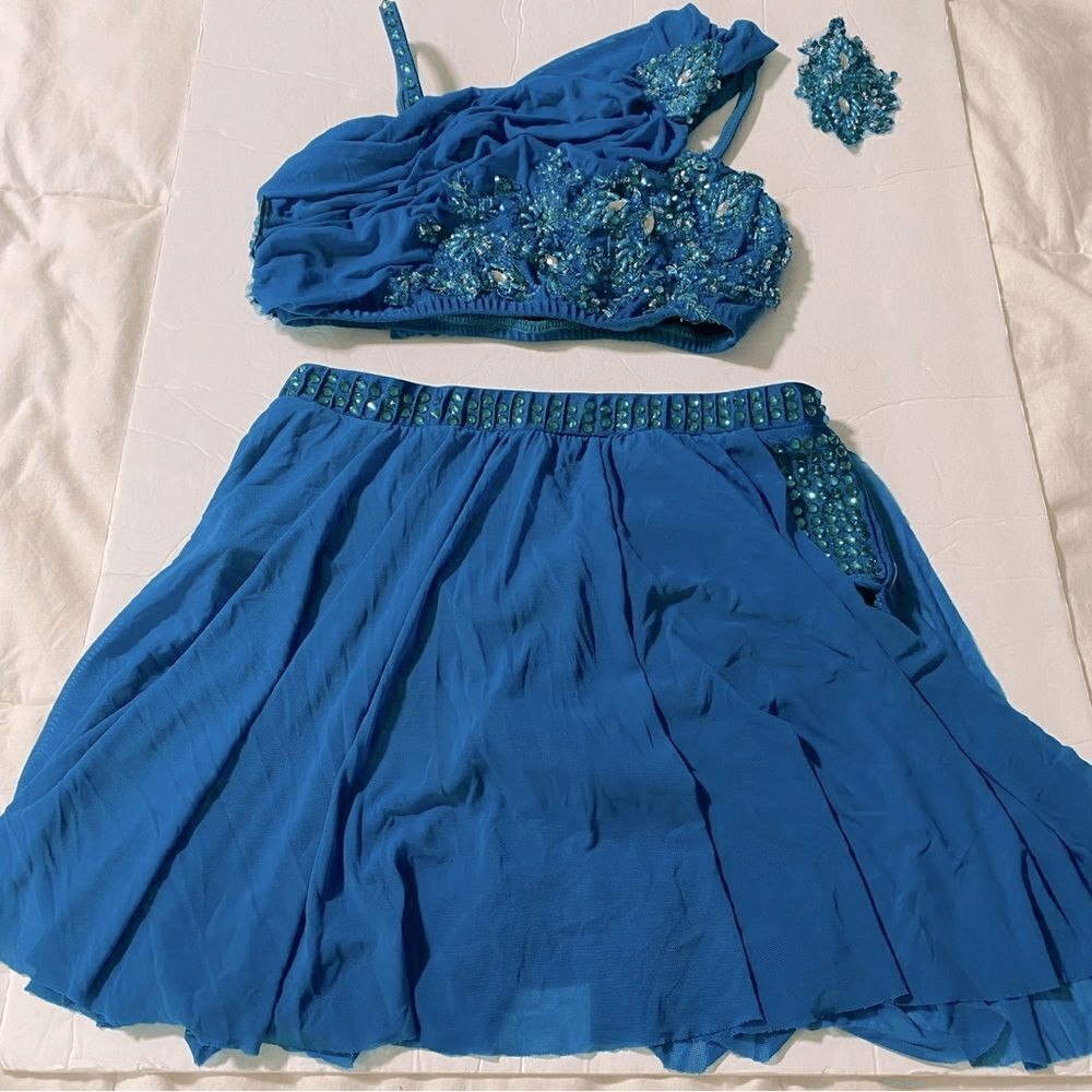 Rare Glamour competition solo 2 piece dance costume teal lyrical MA adult