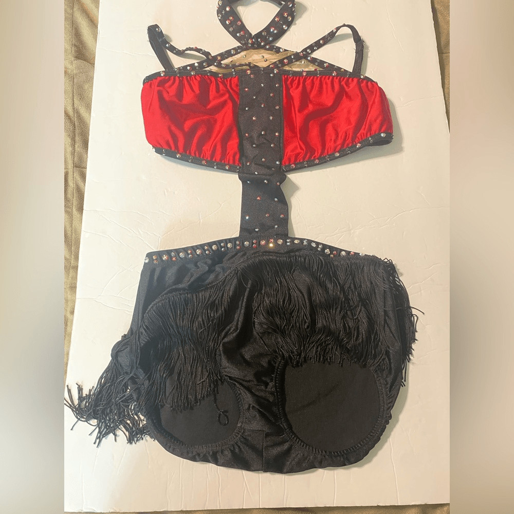 Pumpers solo Custom Jazz red fringe dance costume Mature MA-Medium adult