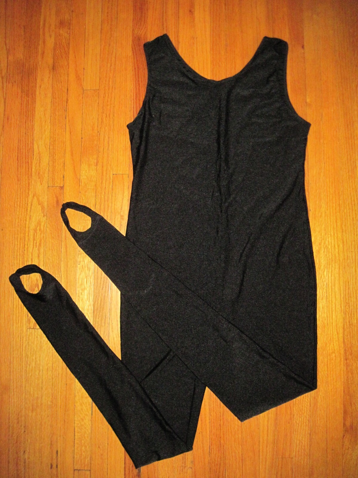 Shiny Black Tank Spandex Stirrup Foot Unitard Jumpsuit Size Large 10-12+ New