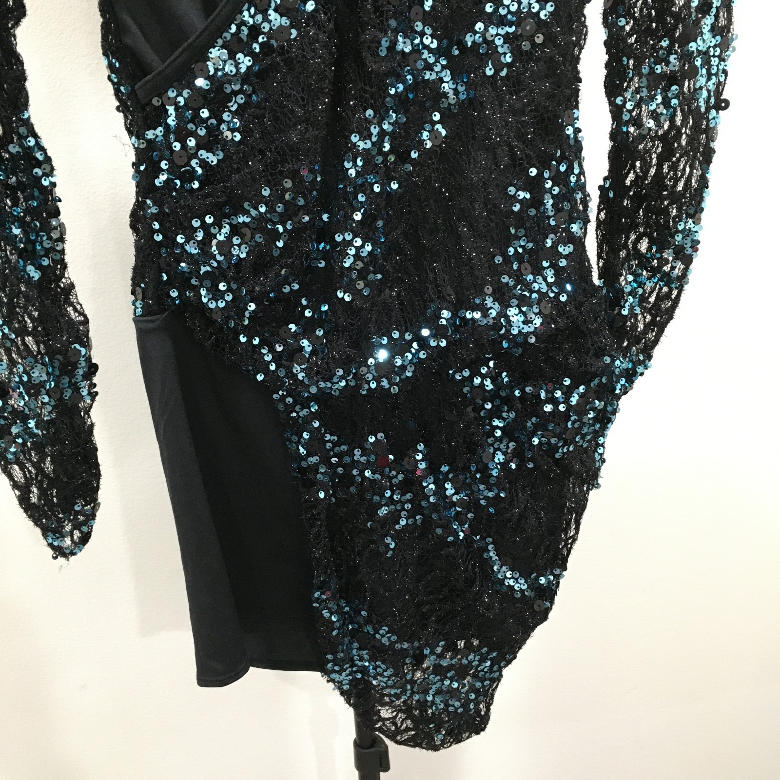 BALARA Dance sz Small Black Blue Sequins High Low Hem Costume One Piece Romper