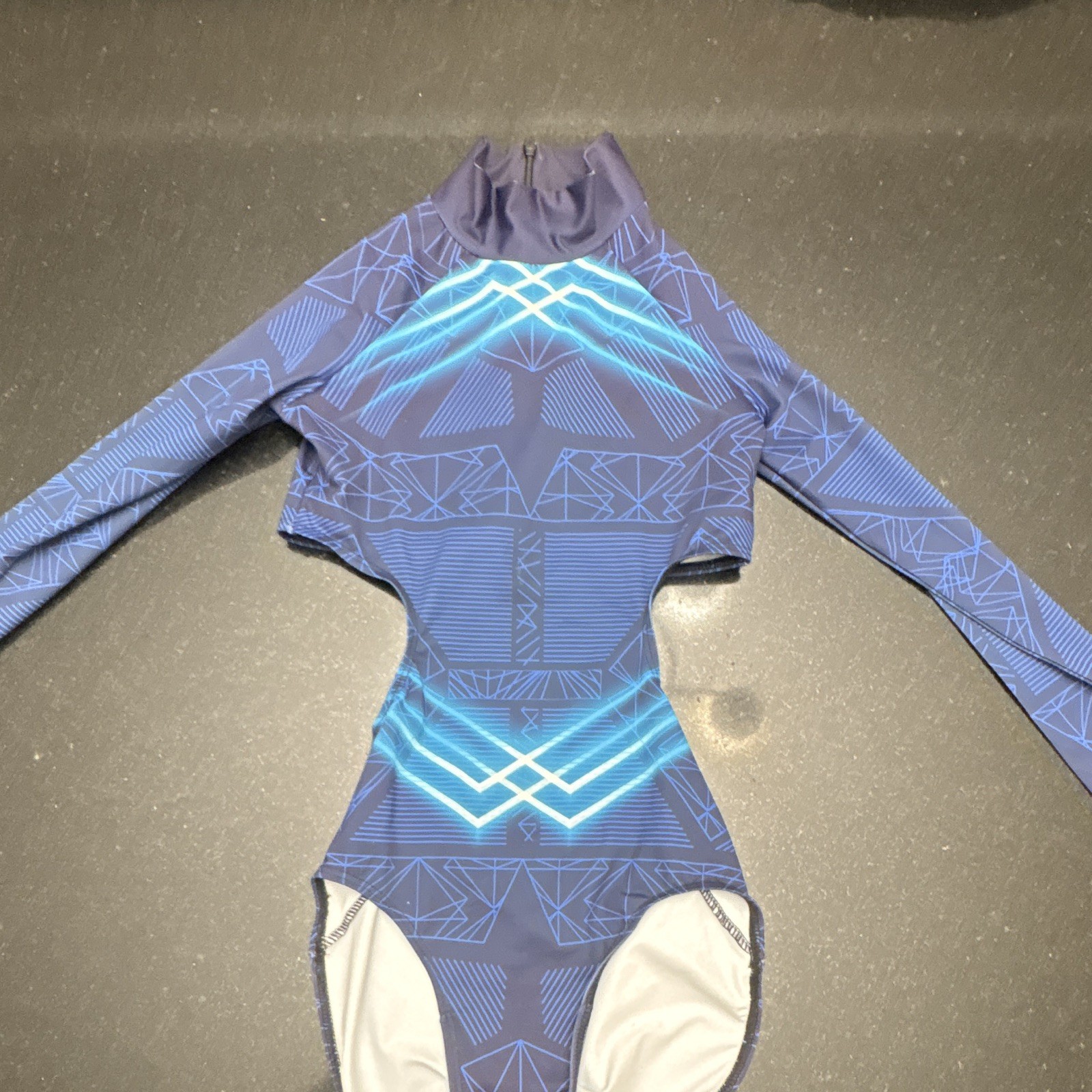 Balera Women’s Blue Geometric Long Sleeve Zip Dance Leotard Unitard RN 64830