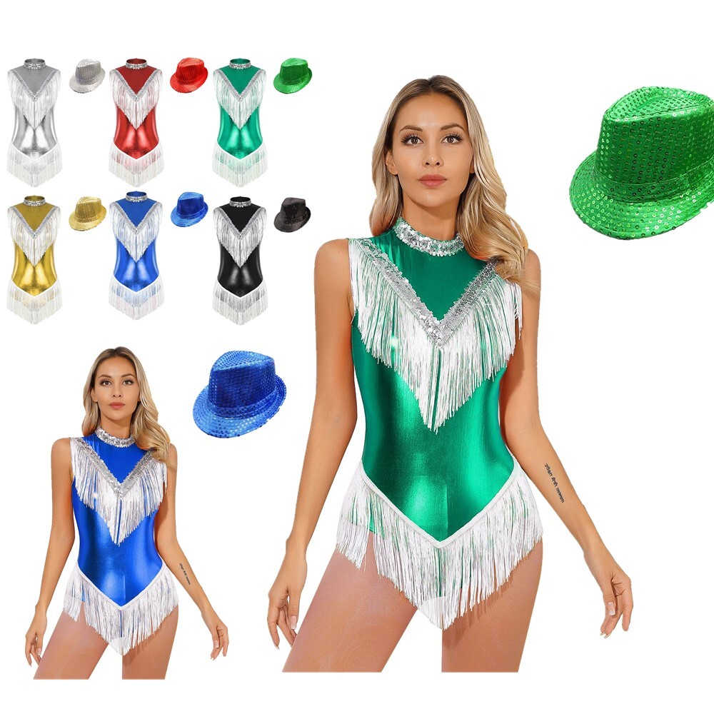 Womens Dance Outfit Ballet Bodysuit Tango Leotard With Hat Sparkle Dancewear