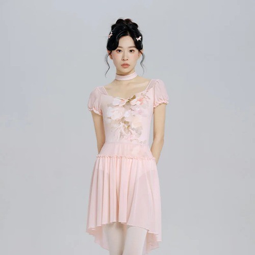 Woman Ballet Leotards Printed Dance Leotard Sleeve Ballet Elegant Mesh Splice